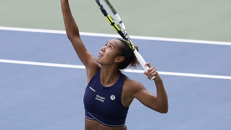 Aug 29, 2023; Flushing, NY, USA; Leylah Fernandez of Canada serves against Ekaterina Alexandrova (not pictured) on day two of the 2023 U.S. Open tennis tournament at USTA Billie Jean King National Tennis Center. Mandatory Credit: Geoff Burke-USA TODAY Sports
