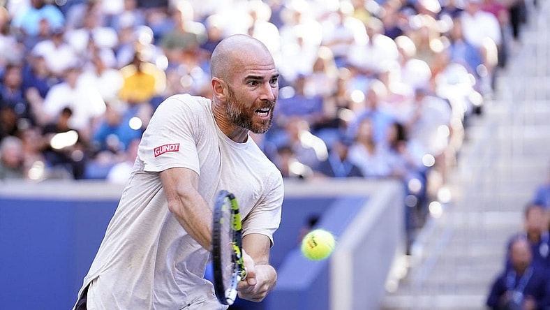 Sep 1, 2023; Flushing, NY, USA; Adrian Mannarino of France hits to Frances Tiafoe of the United States on day five of the 2023 U.S. Open tennis tournament at USTA Billie Jean King National Tennis Center. Mandatory Credit: Danielle Parhizkaran-USA TODAY Sports