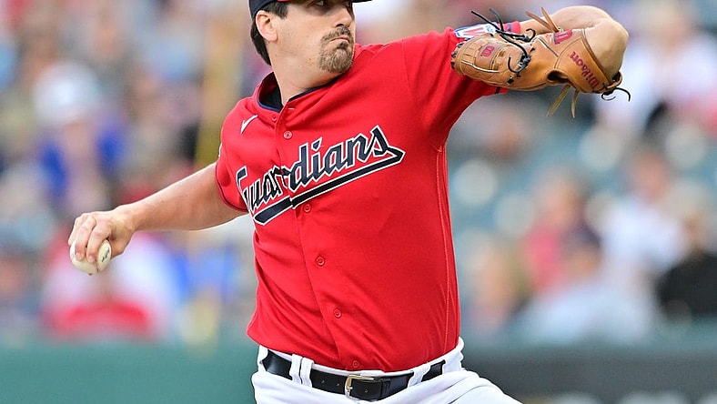 Sep 1, 2023; Cleveland, Ohio, USA; Cleveland Guardians pitcher Cal Quantrill (47) throws a pitch during the first inning against the Tampa Bay Rays at Progressive Field. Mandatory Credit: Ken Blaze-USA TODAY Sports