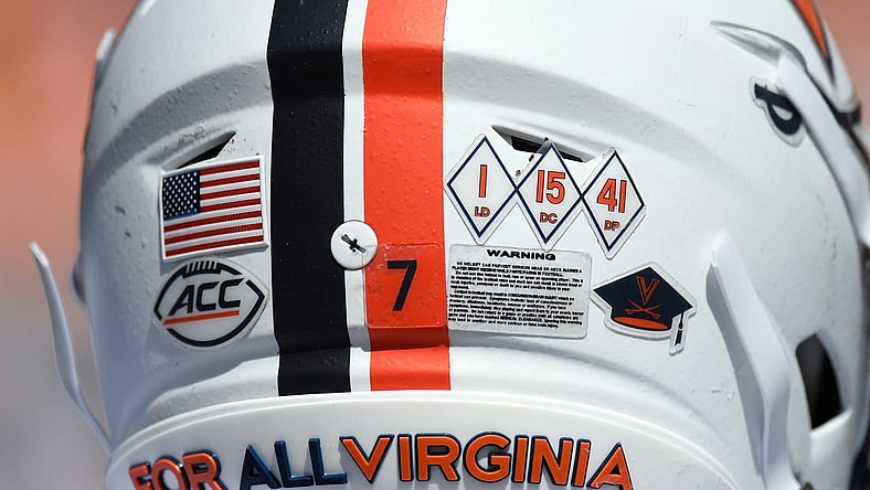 Sep 2, 2023; Nashville, Tennessee, USA; Detail view of helmet stickers on the helmet of Virginia Cavaliers running back Mike Hollins (7) during the second half against the Tennessee Volunteers at Nissan Stadium. Mandatory Credit: Christopher Hanewinckel-USA TODAY Sports