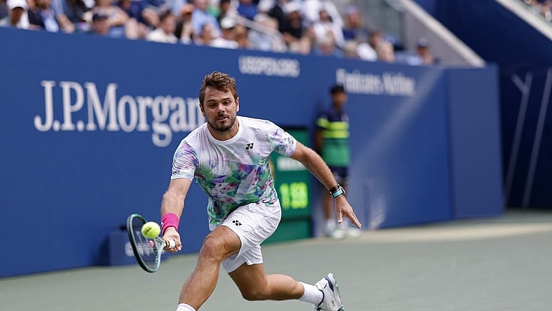 Sep 2, 2023; Flushing, NY, USA; Stan Wawrinka of Switzerland reaches for a forehand against Jannik Sinner of Italy (not pictured) on day six of the 2023 U.S. Open tennis tournament at USTA Billie Jean King National Tennis Center. Mandatory Credit: Geoff Burke-USA TODAY Sports