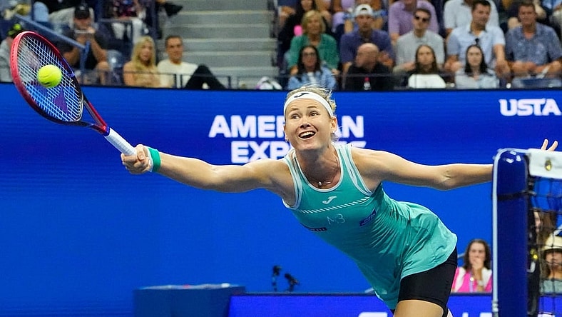 Sept 2, 2023; Flushing, NY, USA; Marie Bouzkova of Czech Republic hits to Ons Jabur of Tunisia on day six of the 2023 U.S. Open tennis tournament at USTA Billie Jean King National Tennis Center. Mandatory Credit: Robert Deutsch-USA TODAY Sports
