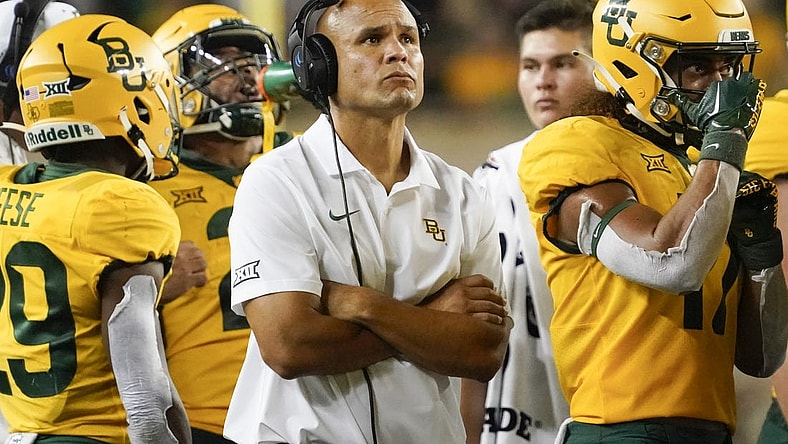 Sep 2, 2023; Waco, Texas, USA; Baylor Bears head coach Dave Aranda on the sidelines during the second half against the Texas State Bobcats at McLane Stadium. Mandatory Credit: Raymond Carlin III-USA TODAY Sports