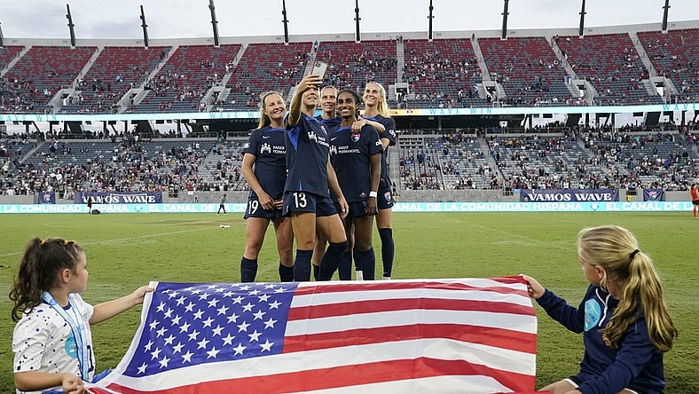 Sep 3, 2023; San Diego, California, USA; San Diego Wave FC team members are are honored for their time playing in the Women   s World Cup at Snapdragon Stadium. Mandatory Credit: Ray Acevedo-USA TODAY Sports