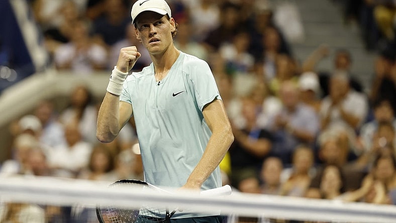 Sep 4, 2023; Flushing, NY, USA; Jannik Sinner of Italy reacts after winning a point against Alexander Zverev of Germany (not pictured) on day eight of the 2023 U.S. Open tennis tournament at USTA Billie Jean King National Tennis Center. Mandatory Credit: Geoff Burke-USA TODAY Sports