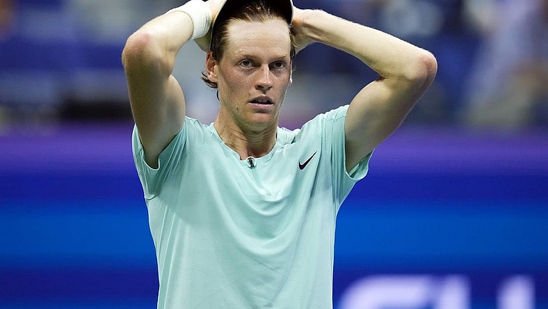 Sep 4, 2023; Flushing, NY, USA; Jannik Sinner of Italy reacts to an error against Alexander Zverev of Germany on day eight of the 2023 U.S. Open tennis tournament at USTA Billie Jean King National Tennis Center. Mandatory Credit: Danielle Parhizkaran-USA TODAY Sports