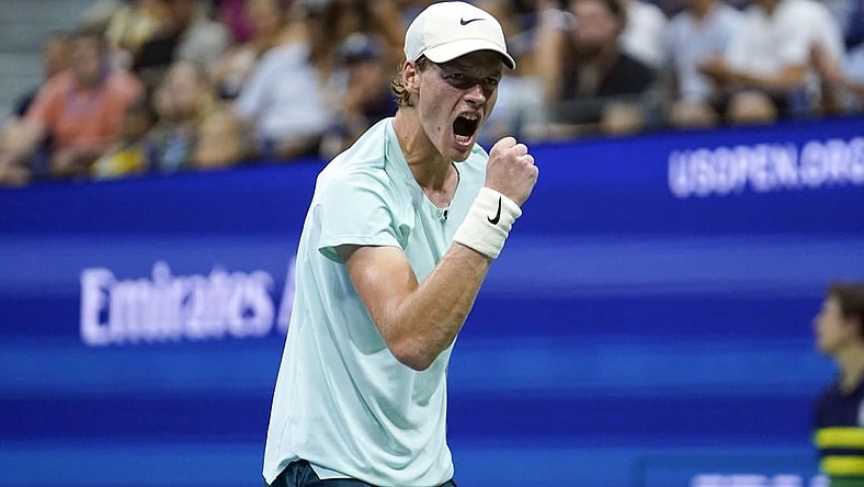 Sep 4, 2023; Flushing, NY, USA; Jannik Sinner of Italy wins a game against Alexander Zverev of Germany on day eight of the 2023 U.S. Open tennis tournament at USTA Billie Jean King National Tennis Center. Mandatory Credit: Danielle Parhizkaran-USA TODAY Sports