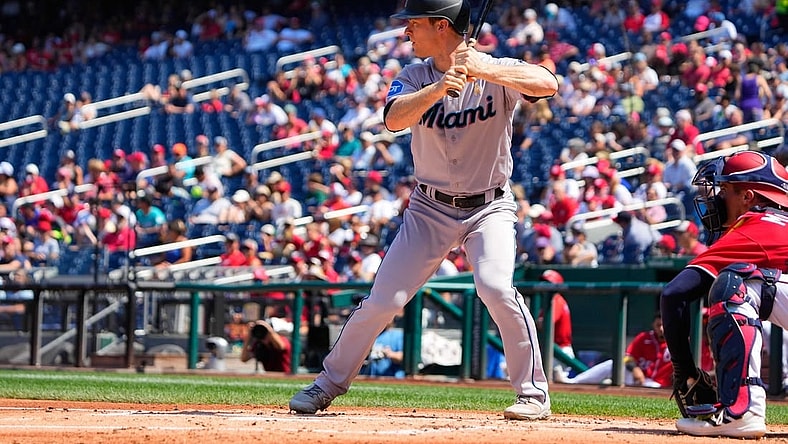 Sep 3, 2023; Washington, District of Columbia, USA;  Miami Marlins shortstop Joey Wendle (18) at bat against the Washington Nationals during the first inning at Nationals Park. Mandatory Credit: Gregory Fisher-USA TODAY Sports