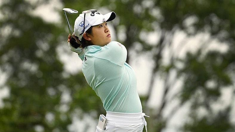 Sep 8, 2023; Madeira, OH, USA;  Rose Zhang, Irvine, Calif., tees off the 14th hole in the 2023 Kroger Queen City Championship presented by P&G at Kenwood Country Club in Madeira, Ohio, Friday, Sept. 8, 2023. Mandatory Credit: Liz Dufour-USA TODAY Sports