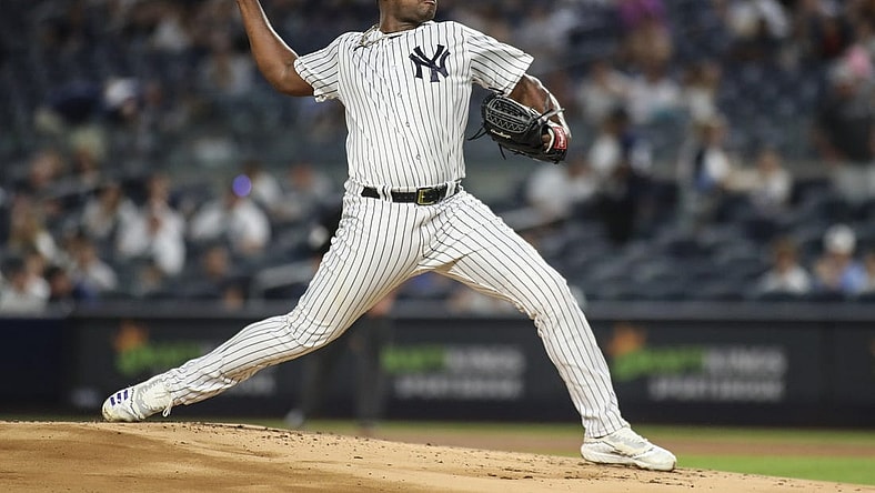 Sep 8, 2023; Bronx, New York, USA;  New York Yankees starting pitcher Luis Severino (40) pitches in the first inning against the Milwaukee Brewers at Yankee Stadium. Mandatory Credit: Wendell Cruz-USA TODAY Sports