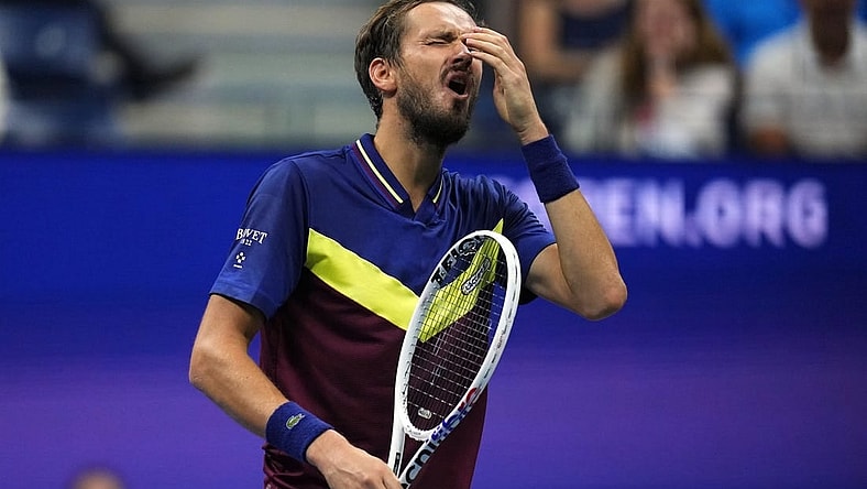 Sep 8, 2023; Flushing, NY, USA; Daniil Medvedev reacts after an error against Carlos Alcaraz of Spain in a men's singles semifinal on day twelve of the 2023 U.S. Open tennis tournament at USTA Billie Jean King Tennis Center. Mandatory Credit: Danielle Parhizkaran-USA TODAY Sports