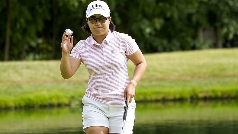 Sep 9, 2023; Cincinnati, Ohio, USA; Nasa Hataoka, of Ibaraki, Japan, waves to the crowd after making her putt for birdie on the 12th hole at the 2023 Kroger Queen City Championship presented by P&G at Kenwood Country Club in Madeira, Ohio. Mandatory Credit: Carter Skaggs-USA TODAY Sports
