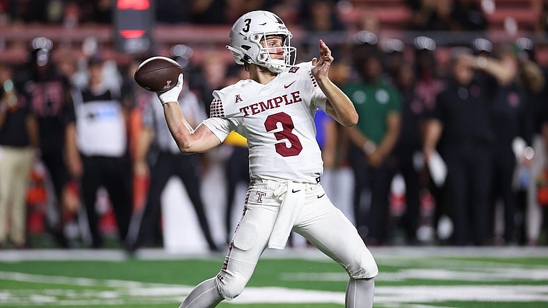 Sep 9, 2023; Piscataway, New Jersey, USA; Temple Owls quarterback E.J. Warner (3) throws the ball during the first half against the Rutgers Scarlet Knights at SHI Stadium. Mandatory Credit: Vincent Carchietta-USA TODAY Sports
