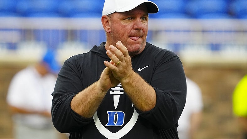 Sep 9, 2023; Durham, North Carolina, USA;  Duke Blue Devils head coach Mike Elko looks on before the game against the Lafayette Leopards at Wallace Wade Stadium. Mandatory Credit: James Guillory-USA TODAY Sports