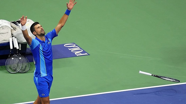 Sep 10, 2023; Flushing, NY, USA; Novak Djokovic of Serbia celebrates after his match against Daniil Medvedev (not pictured) in the men's singles final in the men's singles final in the men's singles final on day fourteen of the 2023 U.S. Open tennis tournament at USTA Billie Jean King National Tennis Center. Mandatory Credit: Danielle Parhizkaran-USA TODAY Sports
