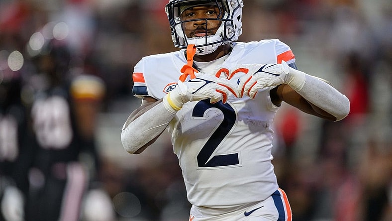 Sep 15, 2023; College Park, Maryland, USA; Virginia Cavaliers running back Perris Jones (2) reacts after scoring a touchdown during the first quarter against the Maryland Terrapins at SECU Stadium. Mandatory Credit: Reggie Hildred-USA TODAY Sports