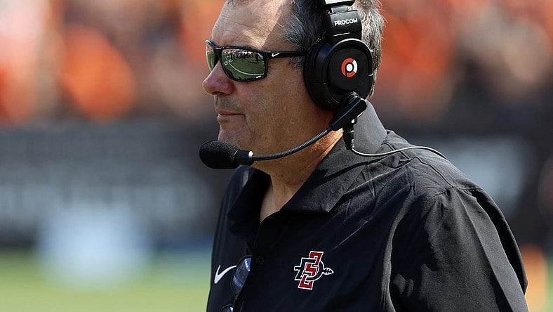 Sep 16, 2023; Corvallis, Oregon, USA;  San Diego State Aztecs head coach Brady Hoke looks onto the field during the second half against the Oregon State Beavers at Reser Stadium. Mandatory Credit: Soobum Im-USA TODAY Sports