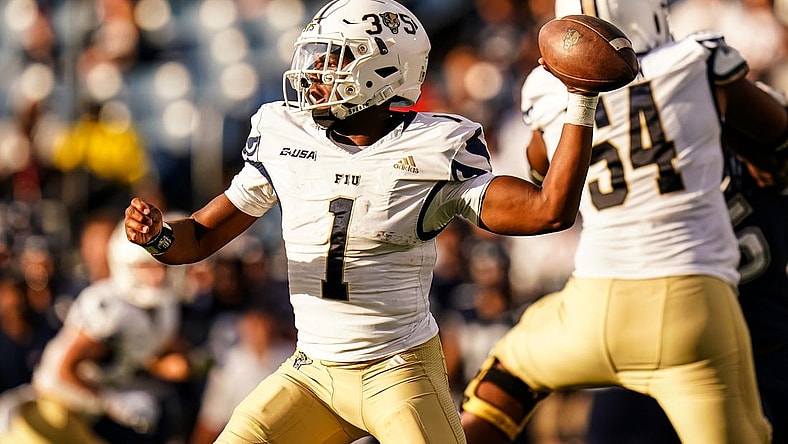Sep 16, 2023; East Hartford, Connecticut, USA; FIU Golden Panthers quarterback Keyone Jenkins (1) throws a pass against the UConn Huskies at Rentschler Field at Pratt & Whitney Stadium. Mandatory Credit: David Butler II-USA TODAY Sports