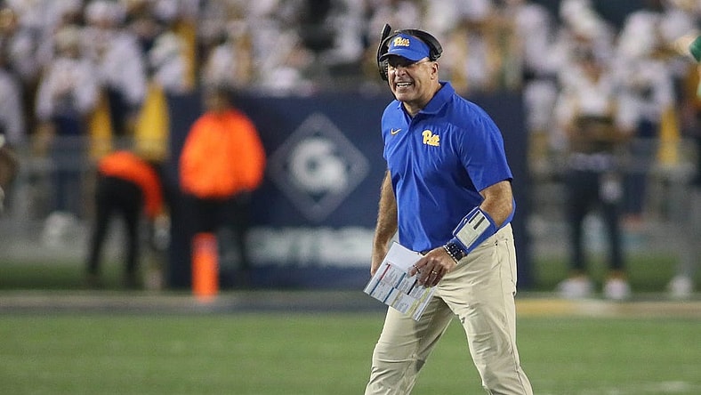 Pittsburgh Panthers head coach Pat Narduzzi erupts after an interception during the second half against the West Virginia Mountaineers at Milan Puskar Stadium in Morgantown, WV on September 16, 2023.