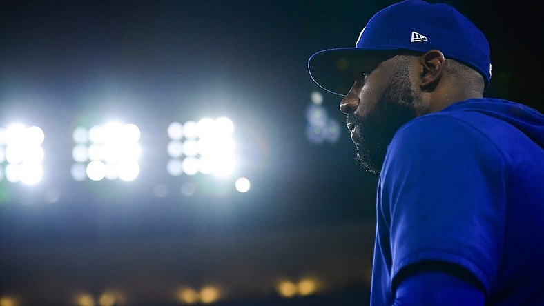 Sep 21, 2023; Los Angeles, California, USA; Los Angeles Dodgers right fielder Jason Heyward (23) watches game action against the San Francisco Giants during the ninth inning at Dodger Stadium. Mandatory Credit: Gary A. Vasquez-USA TODAY Sports