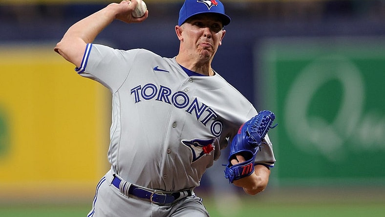 Sep 23, 2023; St. Petersburg, Florida, USA;  Toronto Blue Jays relief pitcher Chad Green (37) throws a pitch against the Tampa Bay Rays in the sixth inning at Tropicana Field. Mandatory Credit: Nathan Ray Seebeck-USA TODAY Sports