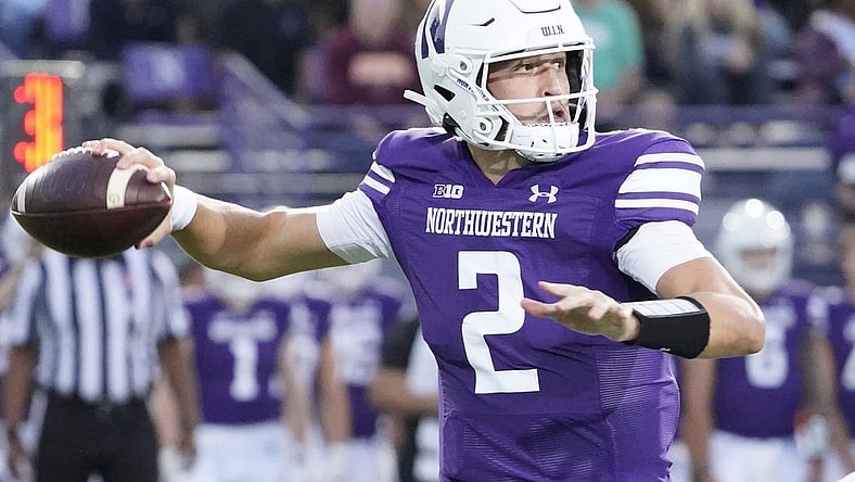 Sep 23, 2023; Evanston, Illinois, USA; Northwestern Wildcats quarterback Ben Bryant (2) looks to pass against the Minnesota Golden Gophers during the first quarter at Ryan Field. Mandatory Credit: David Banks-USA TODAY Sports
