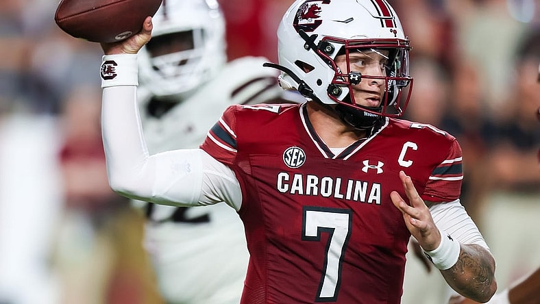 Sep 23, 2023; Columbia, South Carolina, USA; South Carolina Gamecocks quarterback Spencer Rattler (7) passes against the Mississippi State Bulldogs in the second quarter at Williams-Brice Stadium. Mandatory Credit: Jeff Blake-USA TODAY Sports