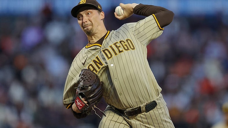 Sep 25, 2023; San Francisco, California, USA; San Diego Padres starting pitcher Blake Snell (4) pitches during the first inning against the San Francisco Giants at Oracle Park. Mandatory Credit: Sergio Estrada-USA TODAY Sports