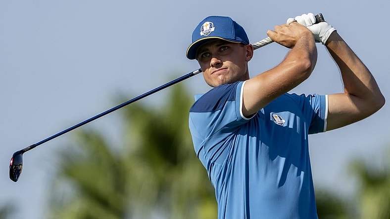 September 27, 2023; Rome, ITA; Team Europe golfer Ludvig Aberg hits his tee shot on the 10th hole during a practice day for the Ryder Cup golf competition at Marco Simone Golf and Country Club. Mandatory Credit: Kyle Terada-USA TODAY Sports
