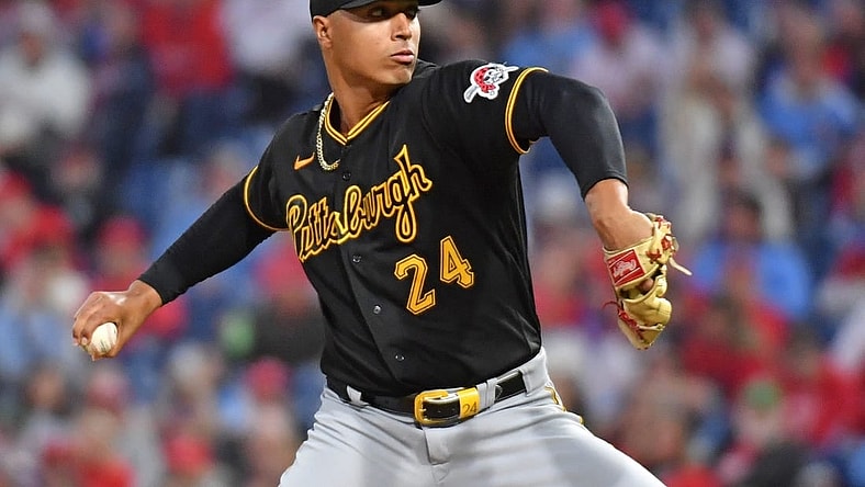 Sep 27, 2023; Philadelphia, Pennsylvania, USA; Pittsburgh Pirates starting pitcher Johan Oviedo (24) throws a pitch during the second inning against the Philadelphia Phillies at Citizens Bank Park. Mandatory Credit: Eric Hartline-USA TODAY Sports