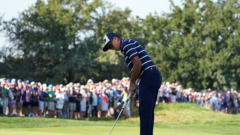 Sep 29, 2023; Rome, ITA; Team USA golfer Rickie Fowler putts on the ninth green during day one foursomes round for the 44th Ryder Cup golf competition at Marco Simone Golf and Country Club. Mandatory Credit: Kyle Terada-USA TODAY Sports