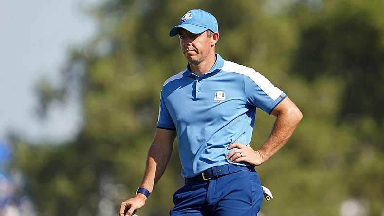 Sep 29, 2023; Rome, ITA; Team Europe golfer Rory McIlroy lines up a putt on the seventh hole during day one fourballs round for the 44th Ryder Cup golf competition at Marco Simone Golf and Country Club. Mandatory Credit: Adam Cairns-USA TODAY Sports