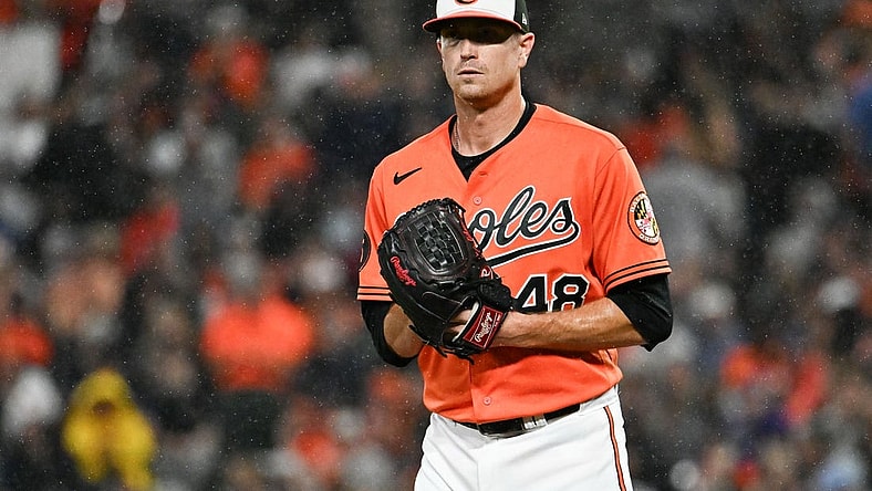 Sep 30, 2023; Baltimore, Maryland, USA;  Baltimore Orioles starting pitcher Kyle Gibson (48) stands on the pitcher's mound as rain falls during the second inning against the Boston Red Sox at Oriole Park at Camden Yards. Mandatory Credit: Tommy Gilligan-USA TODAY Sports