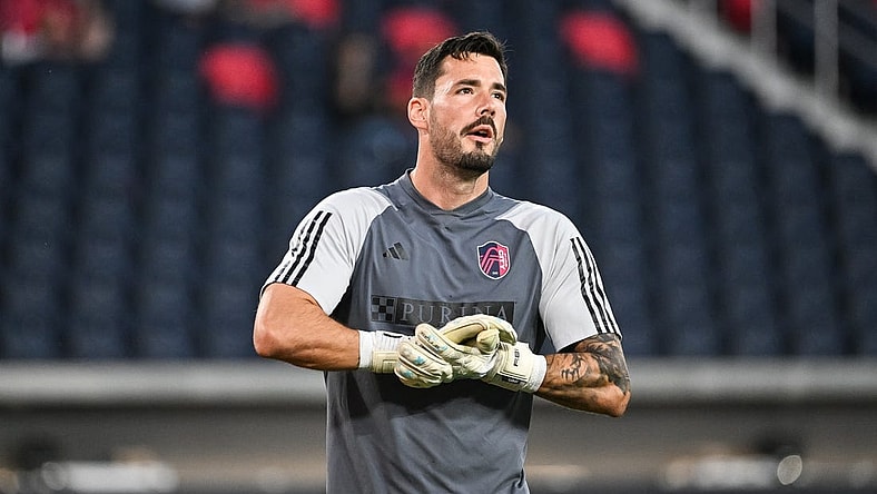 Sep 30, 2023; St. Louis, Missouri, USA; St. Louis City goalkeeper Roman Burki looks on during warmups before a game against Sporting Kansas City at CITYPARK. Mandatory Credit: Joe Puetz-USA TODAY Sports