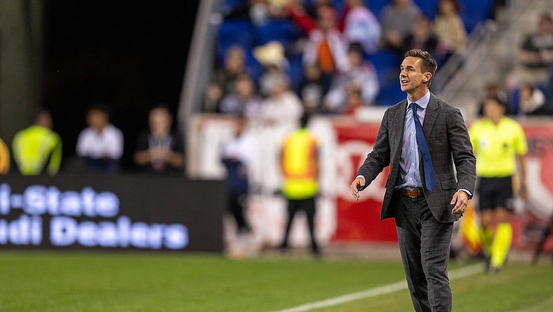 Sep 30, 2023; Harrison, New Jersey, USA; New York Red Bulls head coach Troy Lesesne reacts to a cal during the second half against Chicago Fire at Red Bull Arena. Mandatory Credit: Mark Smith-USA TODAY Sports