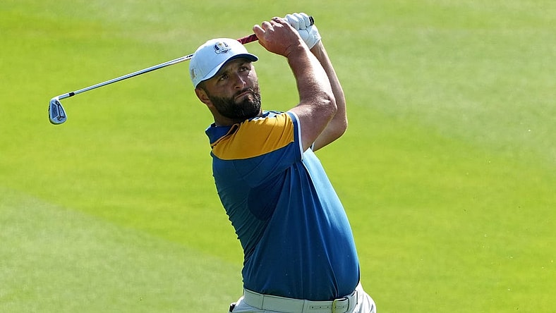 Oct 1, 2023; Rome, ITA; Team Europe golfer Jon Rahm plays from the fairway on the second hole during the final day of the 44th Ryder Cup golf competition at Marco Simone Golf and Country Club. Mandatory Credit: Kyle Terada-USA TODAY Sports
