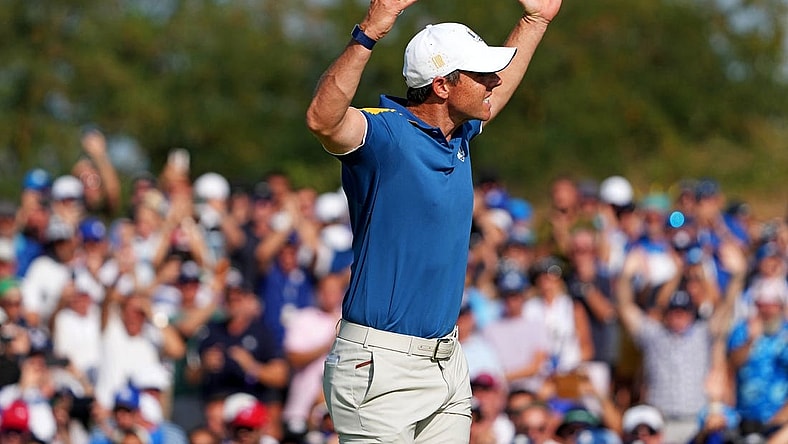 Rory McIlroy reacts to his putt on the 15th green during the final day of the 44th Ryder Cup golf competition at Marco Simone Golf and Country Club. Mandatory Credit: Kyle Terada-USA TODAY Sports