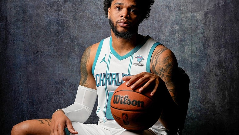 Oct 2, 2023; Charlotte, North Carolina, USA;  Charlotte Hornets Miles Bridges (0) poses for a photo during Charlotte Hornets Media Day at the Spectrum Center. Mandatory Credit: Jim Dedmon-USA TODAY Sports