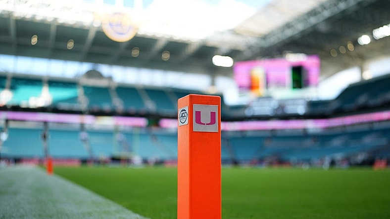 Oct 7, 2023; Miami Gardens, Florida, USA; A general view of an end zone pylon prior to the game between the Miami Hurricanes and the Georgia Tech Yellow Jackets at Hard Rock Stadium. Mandatory Credit: Jasen Vinlove-USA TODAY Sports