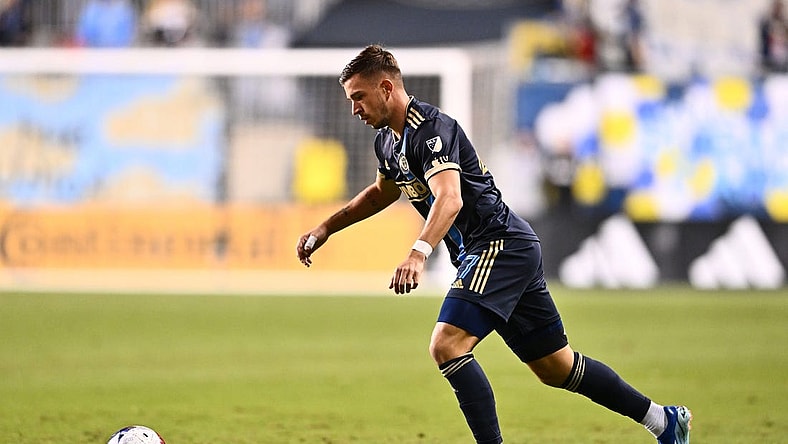 Oct 7, 2023; Philadelphia, Pennsylvania, USA; Philadelphia Union defender Kai Wagner (27) sets up a cross against Nashville SC in the first half at Subaru Park. Mandatory Credit: Kyle Ross-USA TODAY Sports