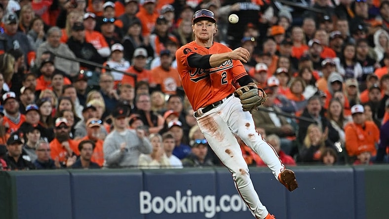 Oct 8, 2023; Baltimore, Maryland, USA; Baltimore Orioles third baseman Gunnar Henderson (2) throws to first base during game two of the ALDS for the 2023 MLB playoffs against the Texas Rangers at Oriole Park at Camden Yards. Mandatory Credit: Tommy Gilligan-USA TODAY Sports