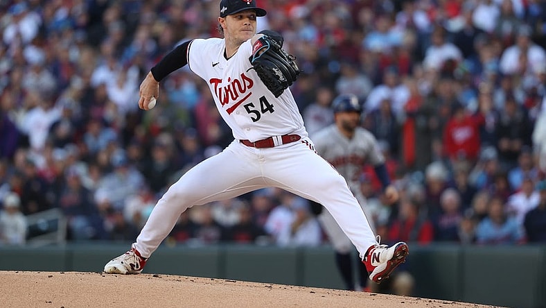 Oct 10, 2023; Minneapolis, Minnesota, USA; Minnesota Twins starting pitcher Sonny Gray (54) pitches in the first inning against the Houston Astros during game three of the ALDS for the 2023 MLB playoffs at Target Field. Mandatory Credit: Jesse Johnson-USA TODAY Sports
