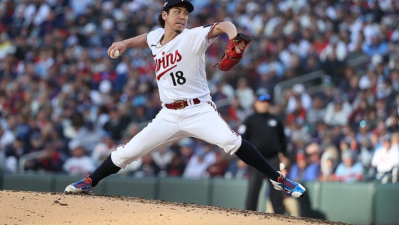 Oct 10, 2023; Minneapolis, Minnesota, USA; Minnesota Twins relief pitcher Kenta Maeda (18) pitches in the sixth inning against the Houston Astros during game three of the ALDS for the 2023 MLB playoffs at Target Field. Mandatory Credit: Jesse Johnson-USA TODAY Sports