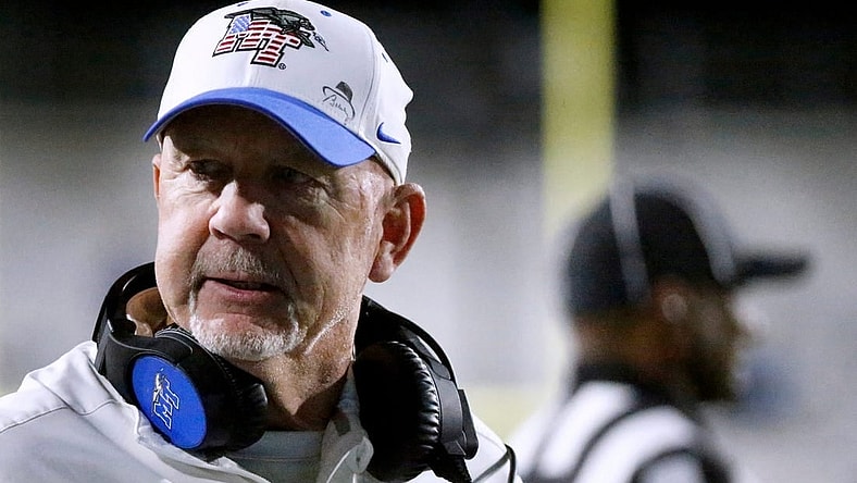 Middle Tennessee head football coach Rick Stockstill on the sidelines during the football game against Louisiana Tech in Floyd Stadium at Middle Tennessee, in Murfreesboro, Tenn. on Tuesday, Oct. 10, 2023.