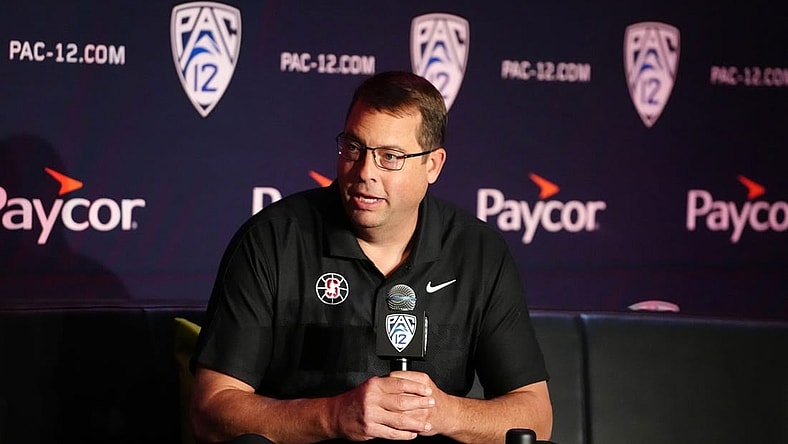 Oct 11, 2023; Las Vegas, NV, USA; Stanford Cardinal coach Jerod Haase during Pac-12 Media Day at Park MGM Las Vegas Conference Center. Mandatory Credit: Kirby Lee-USA TODAY Sports