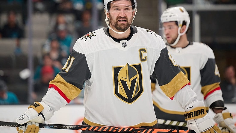 Oct 12, 2023; San Jose, California, USA; Vegas Golden Knights right wing Mark Stone (61) waits for a faceoff against the San Jose Sharks during the second period at SAP Center at San Jose. Mandatory Credit: Robert Edwards-USA TODAY Sports