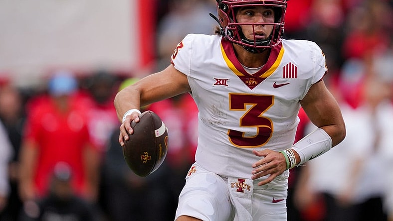 Oct 14, 2023; Cincinnati, Ohio, USA;  Iowa State Cyclones quarterback Rocco Becht (3) carries the ball for a touchdown against the Cincinnati Bearcats in the first half at Nippert Stadium. Mandatory Credit: Aaron Doster-USA TODAY Sports