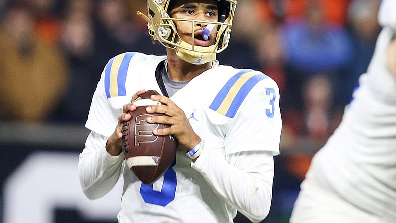 UCLA Bruins quarterback Dante Moore (3) prepares to throw a pass during the second half of the game against the Oregon State Beavers on Saturday, Oct. 14, 2023 at Reser Stadium in Corvallis, Ore.