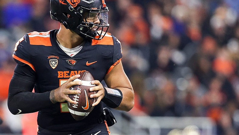 Oregon State Beavers quarterback DJ Uiagalelei (5) prepares to throw a pass during the second half of the game against the UCLA Bruins on Saturday, Oct. 14, 2023 at Reser Stadium in Corvallis, Ore.