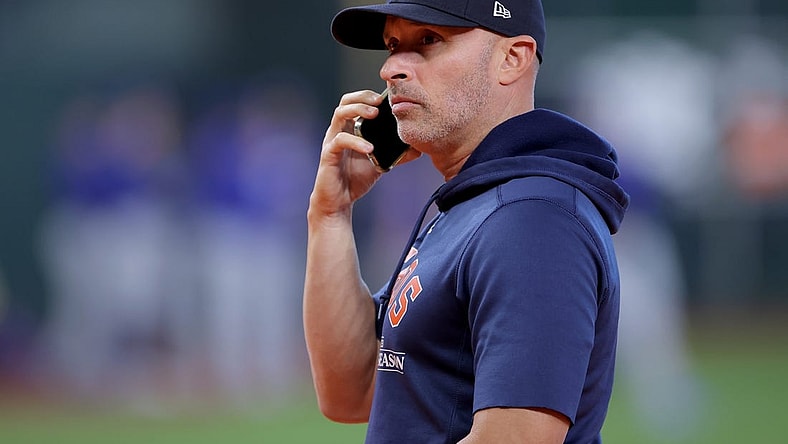 Oct 16, 2023; Houston, Texas, USA; Houston Astros bench coach Joe Espada (19) looks on before game two against the Texas Rangers in the ALCS for the 2023 MLB playoffs at Minute Maid Park. Mandatory Credit: Erik Williams-USA TODAY Sports
